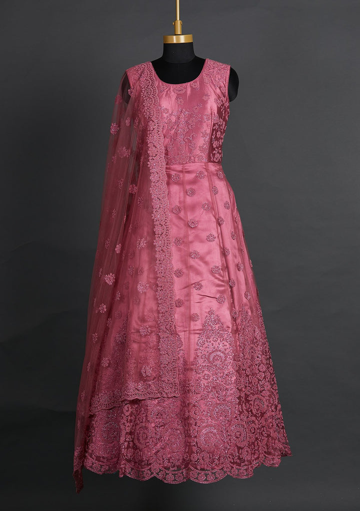 Onion Pink Glitter Net Designer Gown - Koskii