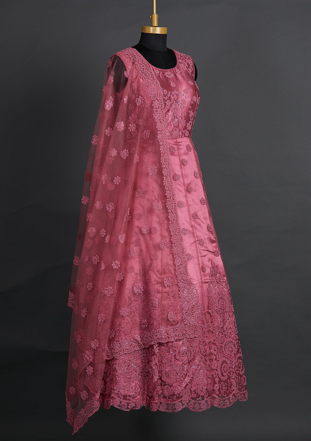 Onion Pink Glitter Net Designer Gown - Koskii