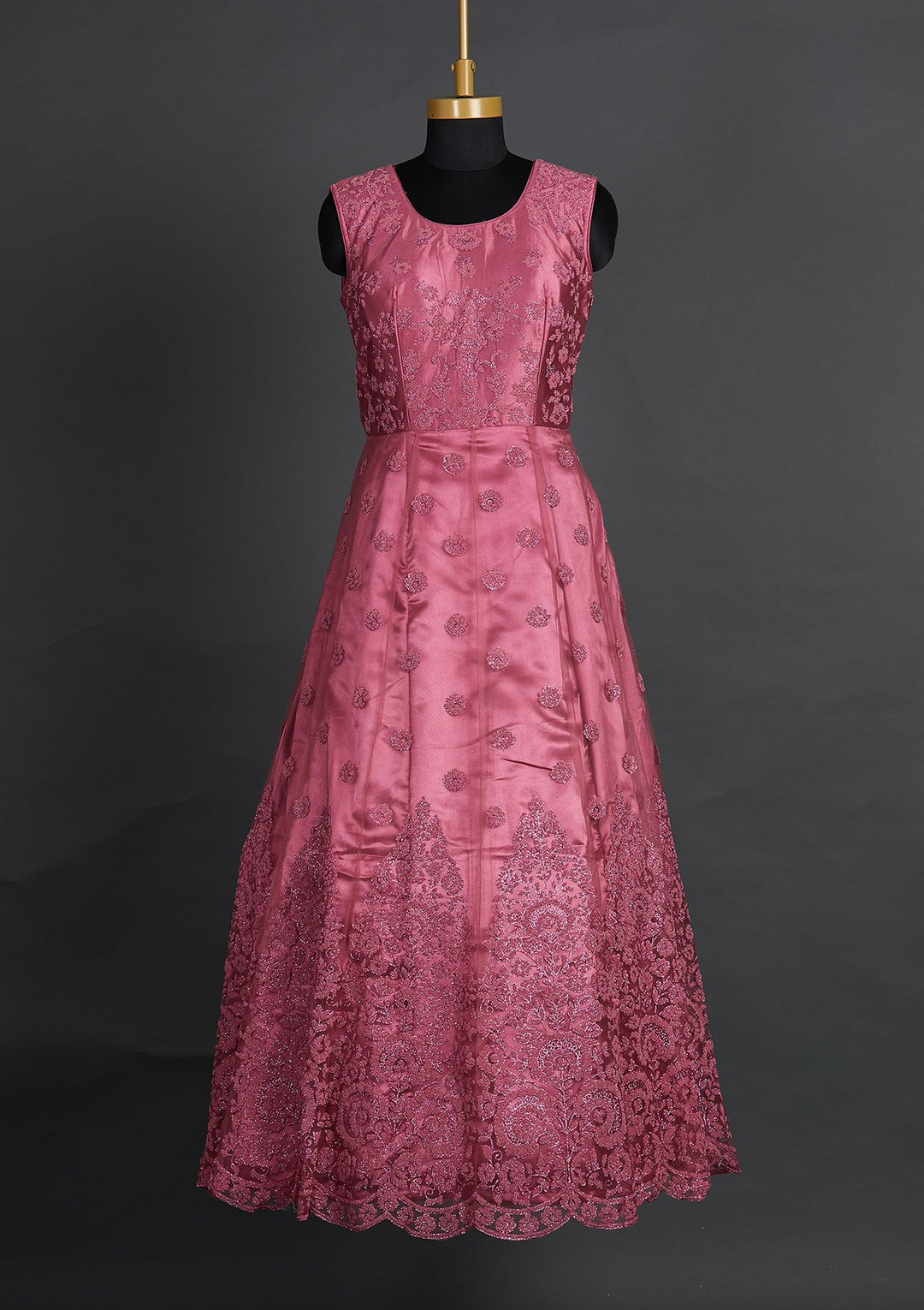 Onion Pink Glitter Net Designer Gown - Koskii