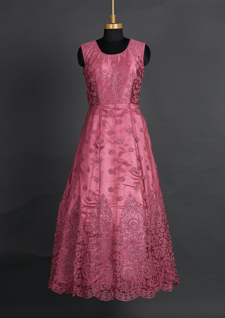 Onion Pink Glitter Net Designer Gown - Koskii