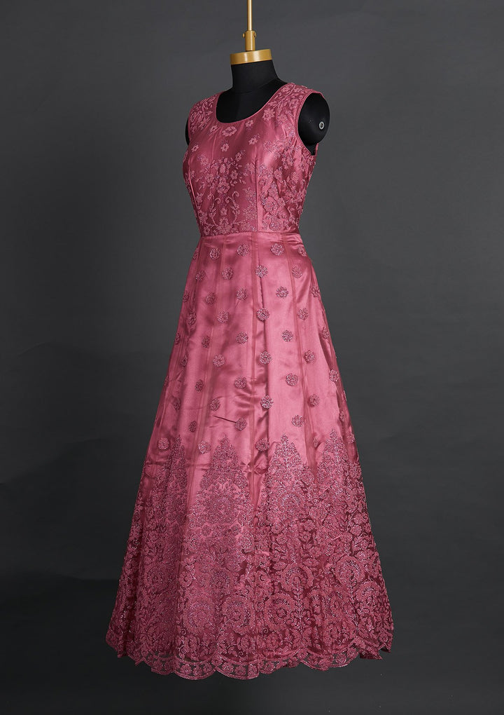 Onion Pink Glitter Net Designer Gown - Koskii