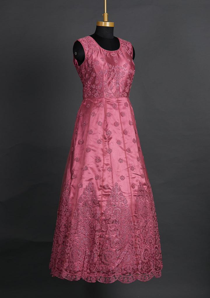 Onion Pink Glitter Net Designer Gown - Koskii
