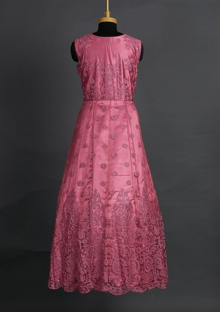 Onion Pink Glitter Net Designer Gown - Koskii
