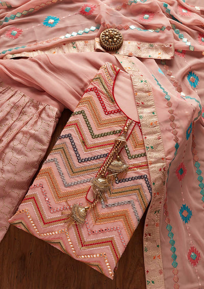 Onion Pink Mirrorwork Georgette Designer Semi-Stitched Salwar Suit - koskii