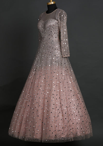 Onion Pink Mirrorwork Net Designer Gown - koskii