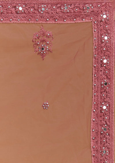Onion Pink Mirrorwork Net Designer Semi-Stitched Lehenga - Koskii