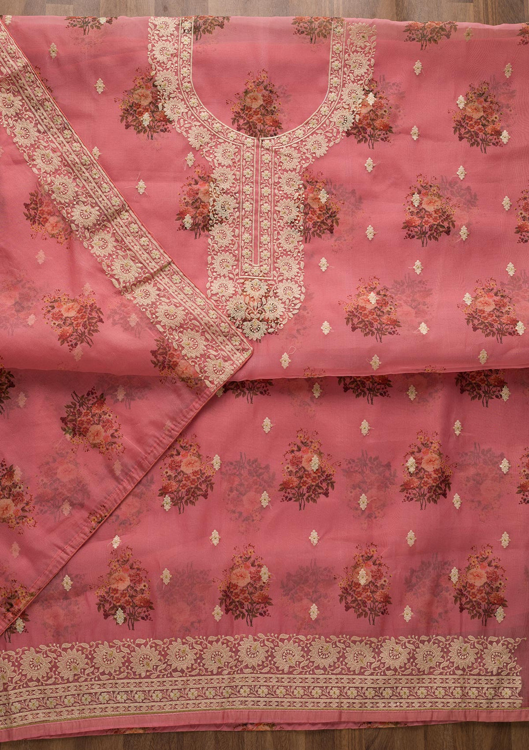 Onion Pink Print Georgette Unstitched Salwar Suit-Koskii