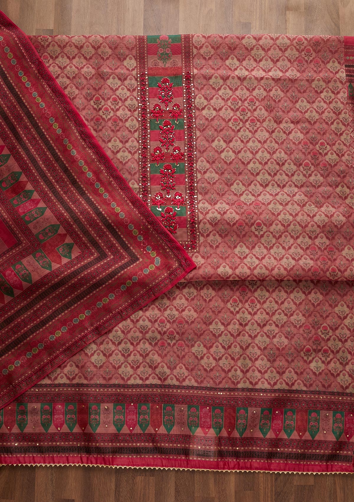 Onion Pink Sequins Chanderi Unstitched Salwar Suit-Koskii