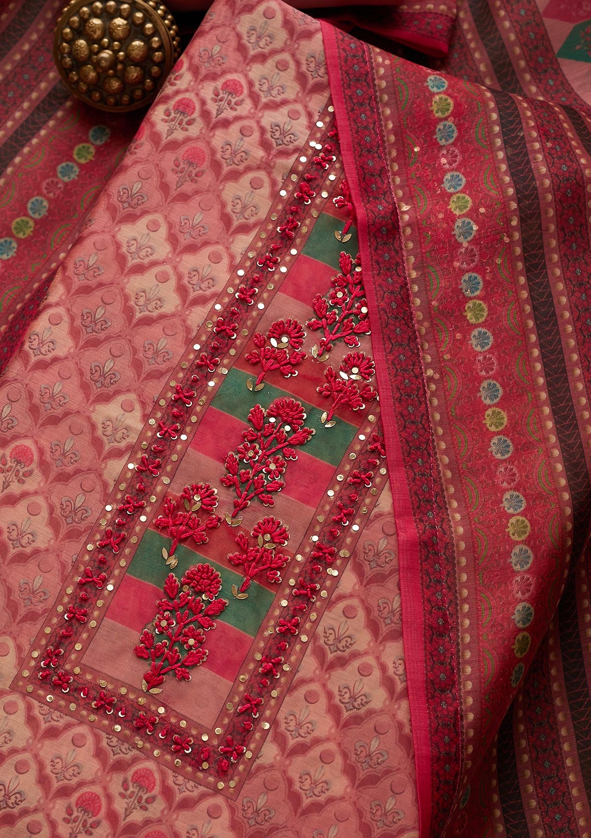 Onion Pink Sequins Chanderi Unstitched Salwar Suit-Koskii