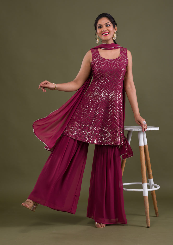 Onion Pink Sequins Georgette Readymade Salwar Suit-Koskii
