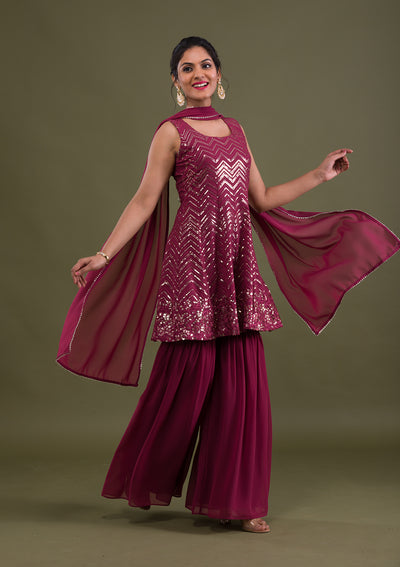 Onion Pink Sequins Georgette Readymade Salwar Suit-Koskii