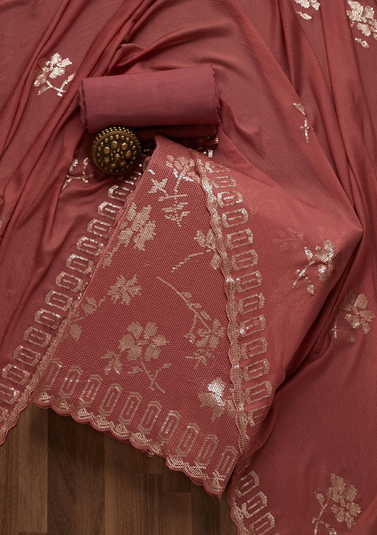 Onion Pink Sequins Georgette Unstitched Salwar Suit- Koskii