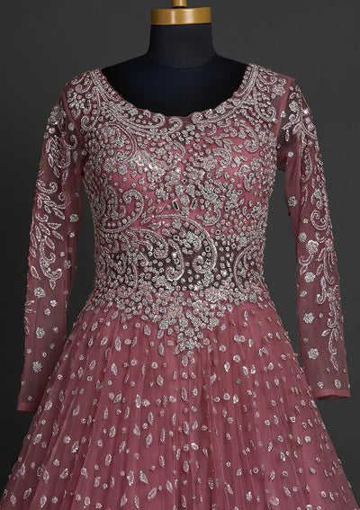Onion Pink Sequins Net Designer Gown - koskii
