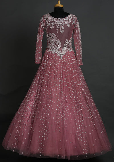 Onion Pink Sequins Net Designer Gown - koskii