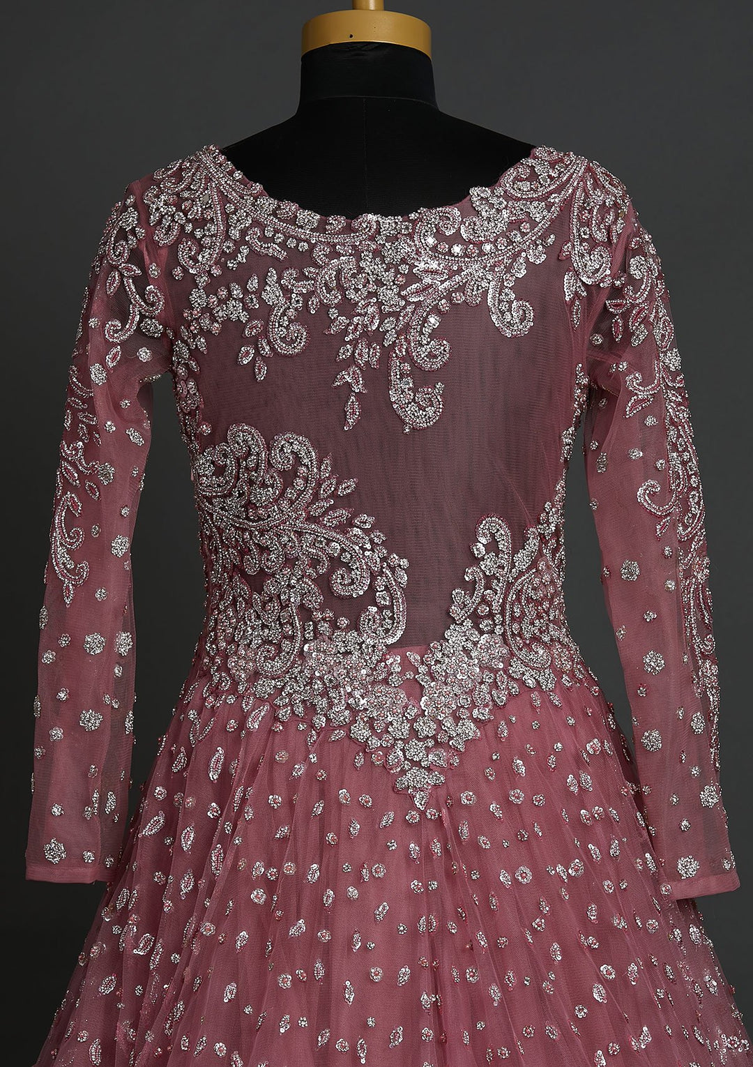 Onion Pink Sequins Net Designer Gown - koskii