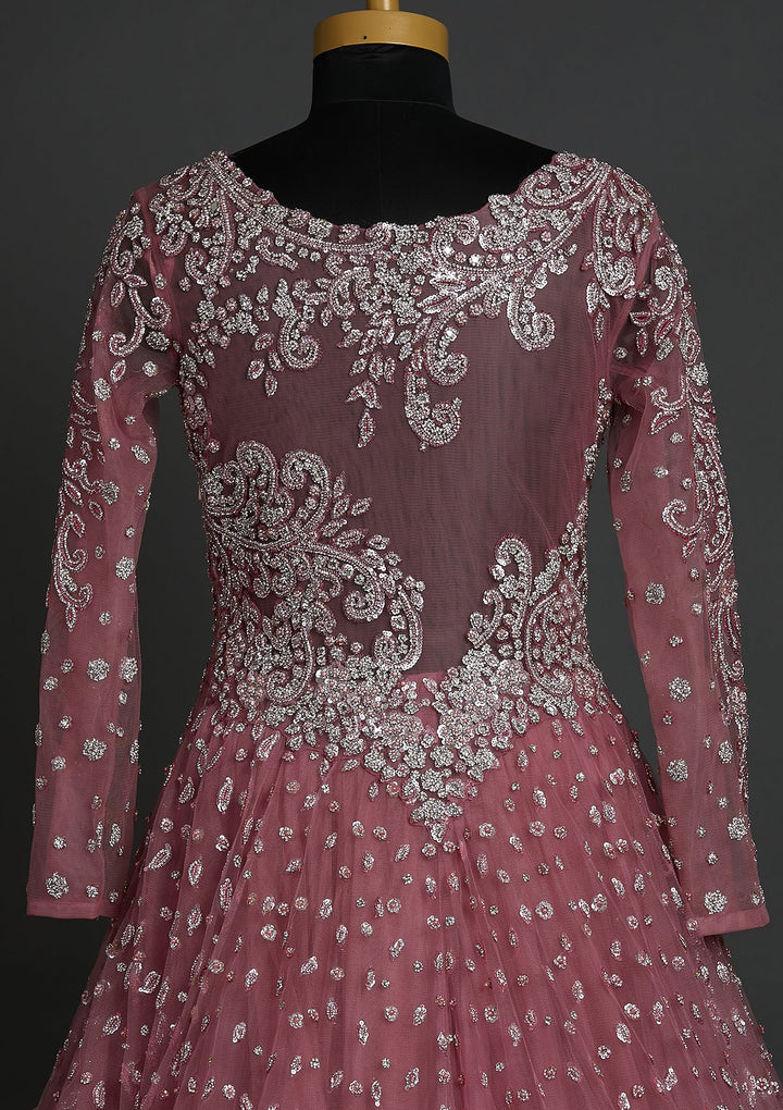Onion Pink Sequins Net Designer Gown - koskii
