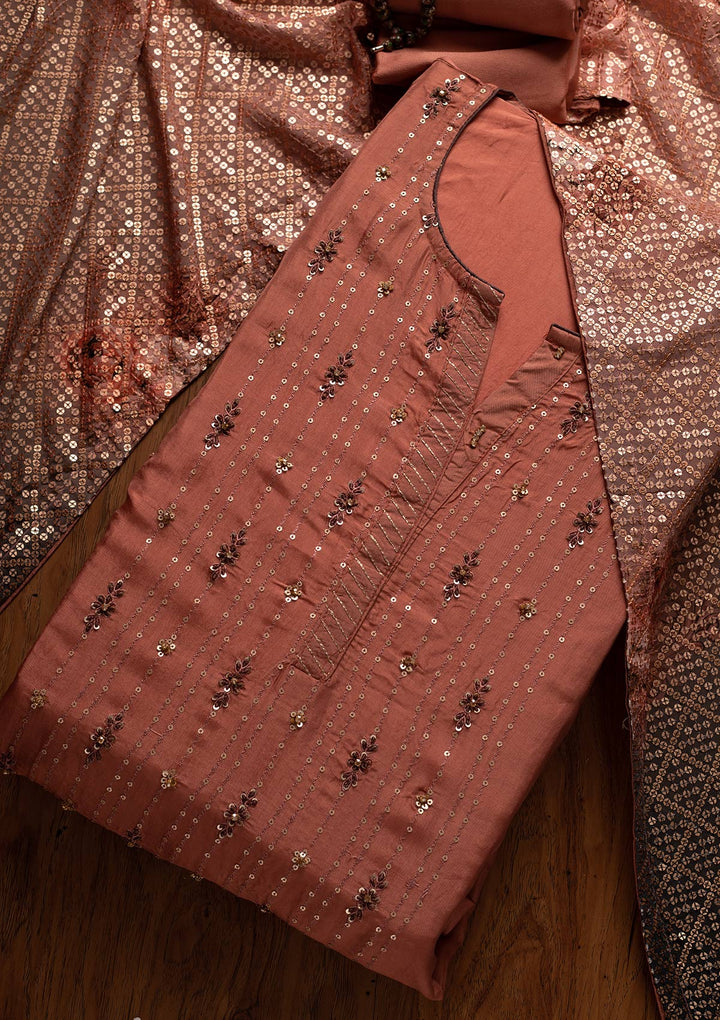 Onion Pink Sequins Semi Crepe Designer Semi-Stitched Salwar Suit - koskii
