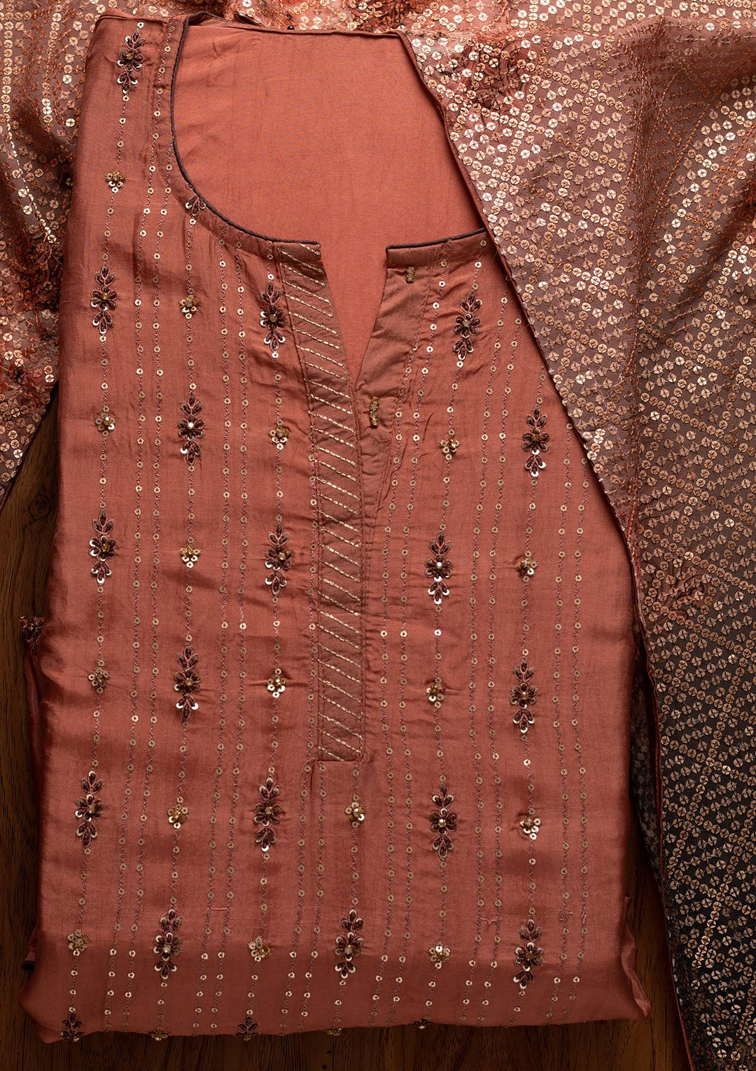 Onion Pink Sequins Semi Crepe Designer Semi-Stitched Salwar Suit - koskii