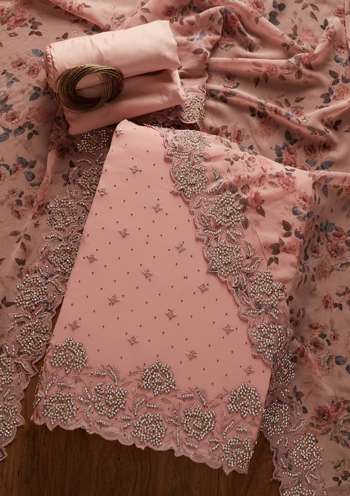 Onion Pink Silver Stonework Georgette Designer Unstitched Salwar Suit - koskii