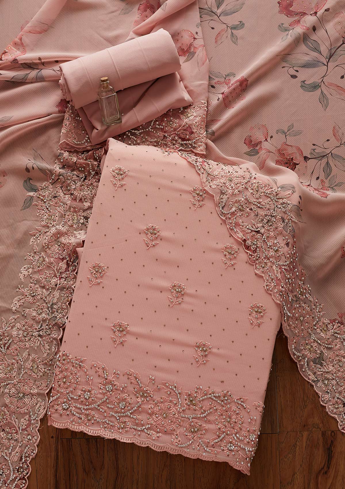 Onion Pink Silver Stonework Georgette Designer Unstitched Salwar Suit - koskii