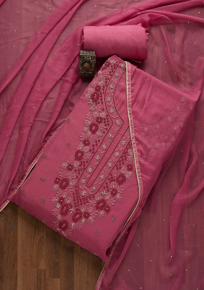Onion Pink Silver Stonework Georgette Unstitched Salwar Suit-Koskii