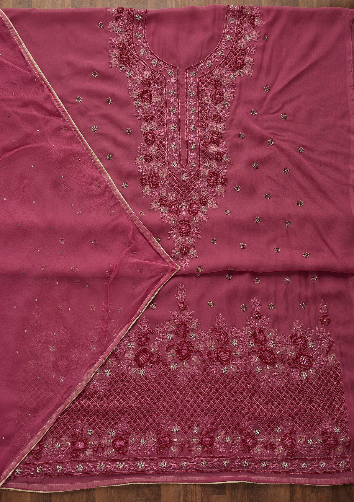 Onion Pink Silver Stonework Georgette Unstitched Salwar Suit-Koskii