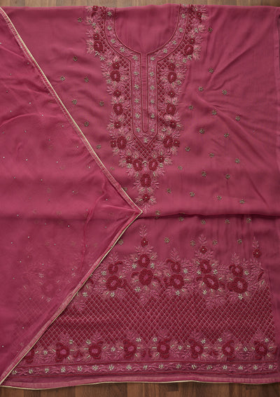 Onion Pink Silver Stonework Georgette Unstitched Salwar Suit-Koskii
