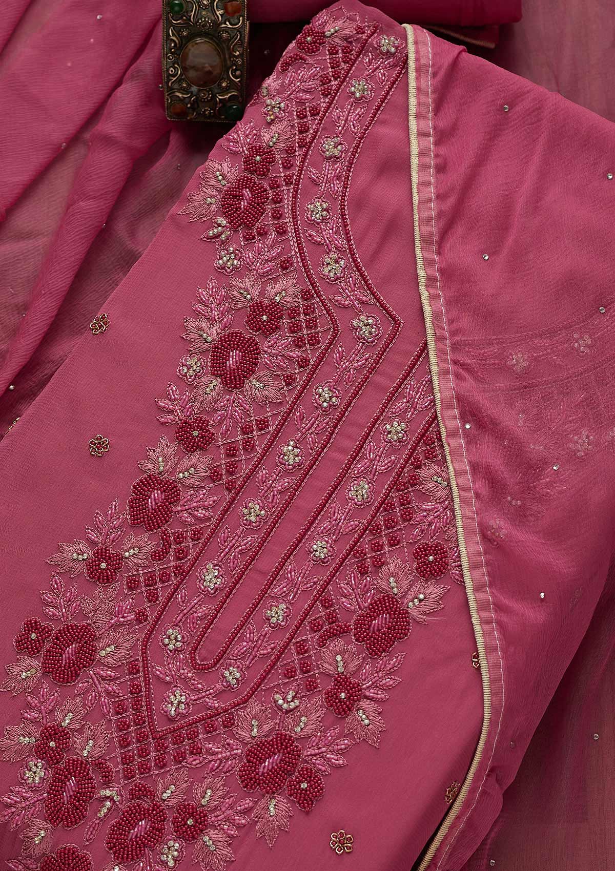 Onion Pink Silver Stonework Georgette Unstitched Salwar Suit-Koskii