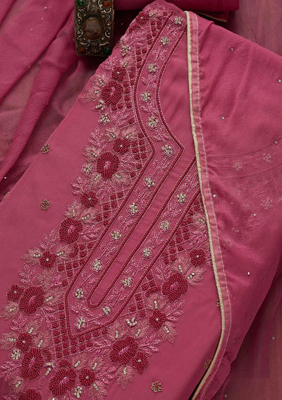 Onion Pink Silver Stonework Georgette Unstitched Salwar Suit-Koskii