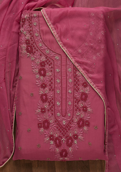 Onion Pink Silver Stonework Georgette Unstitched Salwar Suit-Koskii