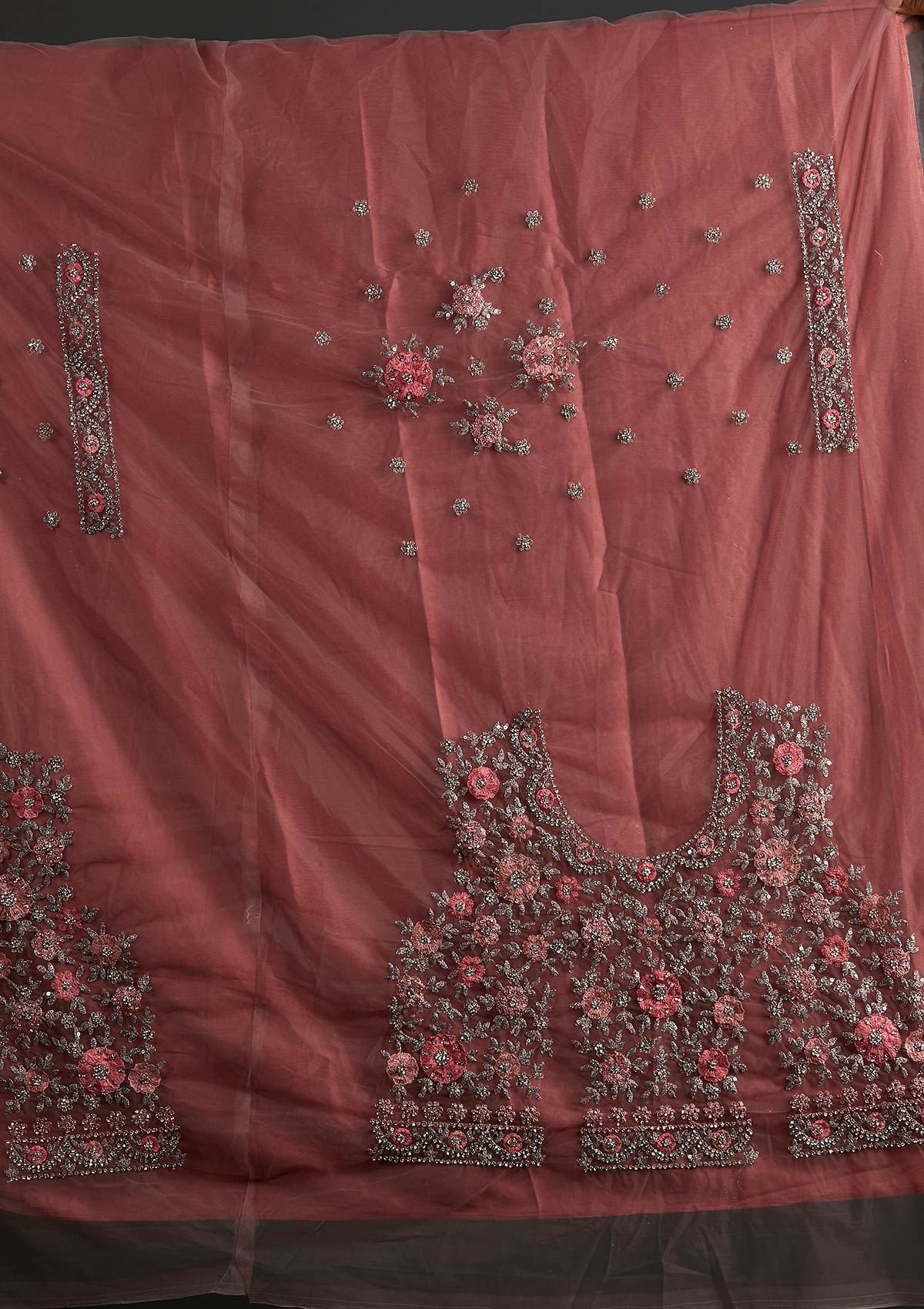 Onion Pink Silver Stonework Net Designer Semi-Stitched Lehenga - koskii