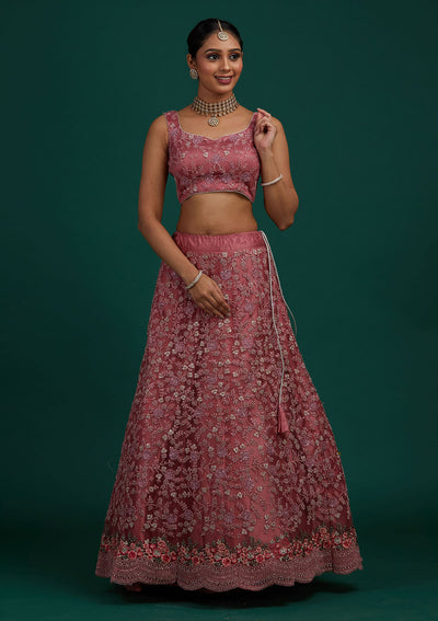 Onion Pink Silver Stonework Net Designer Semi-Stitched Lehenga - Koskii