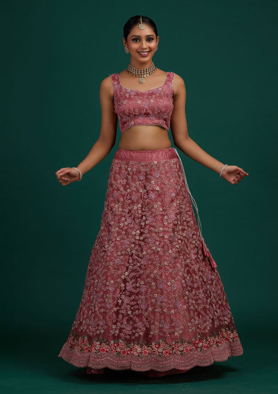 Onion Pink Silver Stonework Net Designer Semi-Stitched Lehenga - Koskii