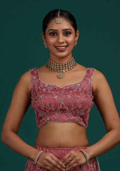 Onion Pink Silver Stonework Net Designer Semi-Stitched Lehenga - Koskii