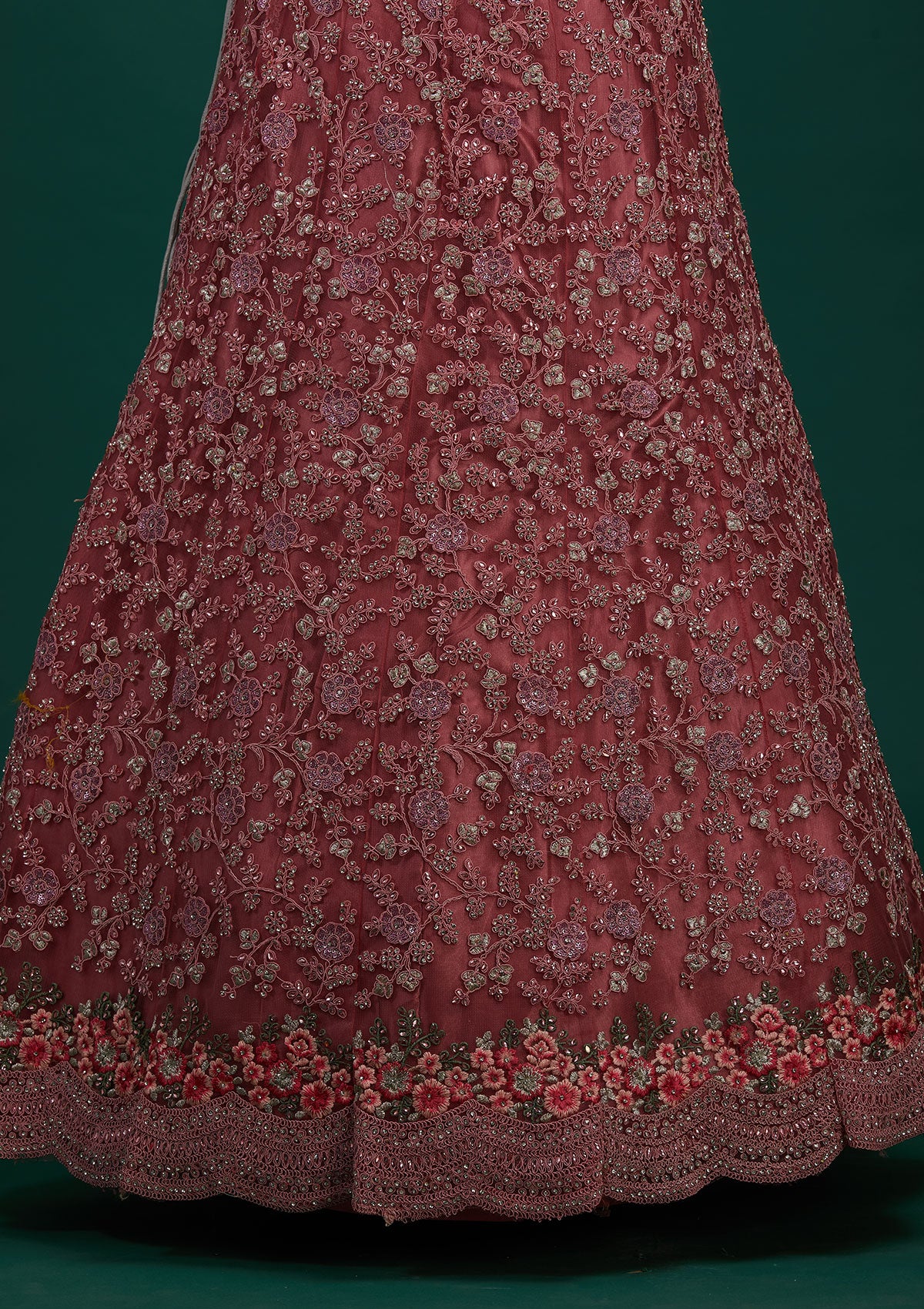 Onion Pink Silver Stonework Net Designer Semi-Stitched Lehenga - Koskii