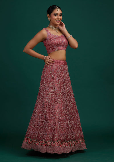 Onion Pink Silver Stonework Net Designer Semi-Stitched Lehenga - Koskii