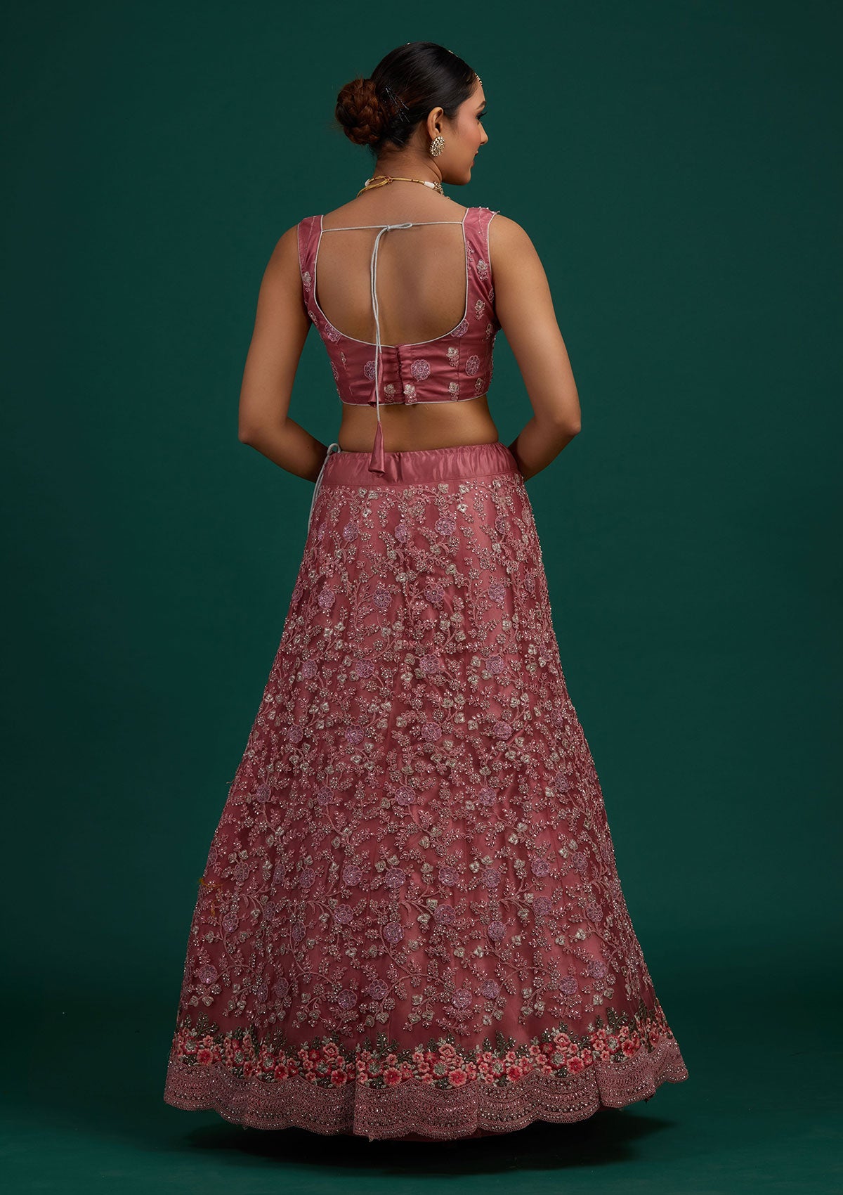 Onion Pink Silver Stonework Net Designer Semi-Stitched Lehenga - Koskii