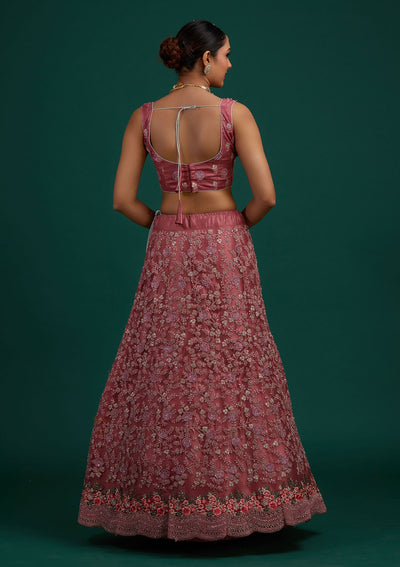 Onion Pink Silver Stonework Net Designer Semi-Stitched Lehenga - Koskii