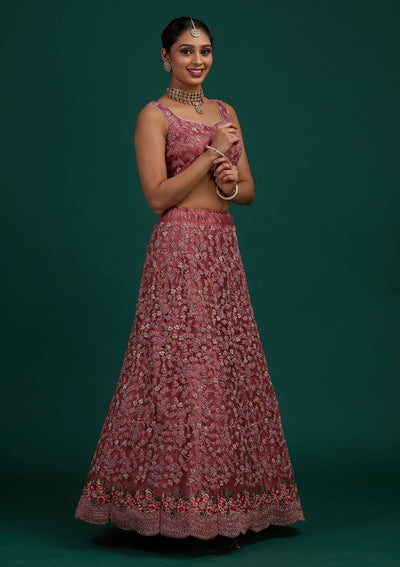 Onion Pink Silver Stonework Net Designer Semi-Stitched Lehenga - Koskii