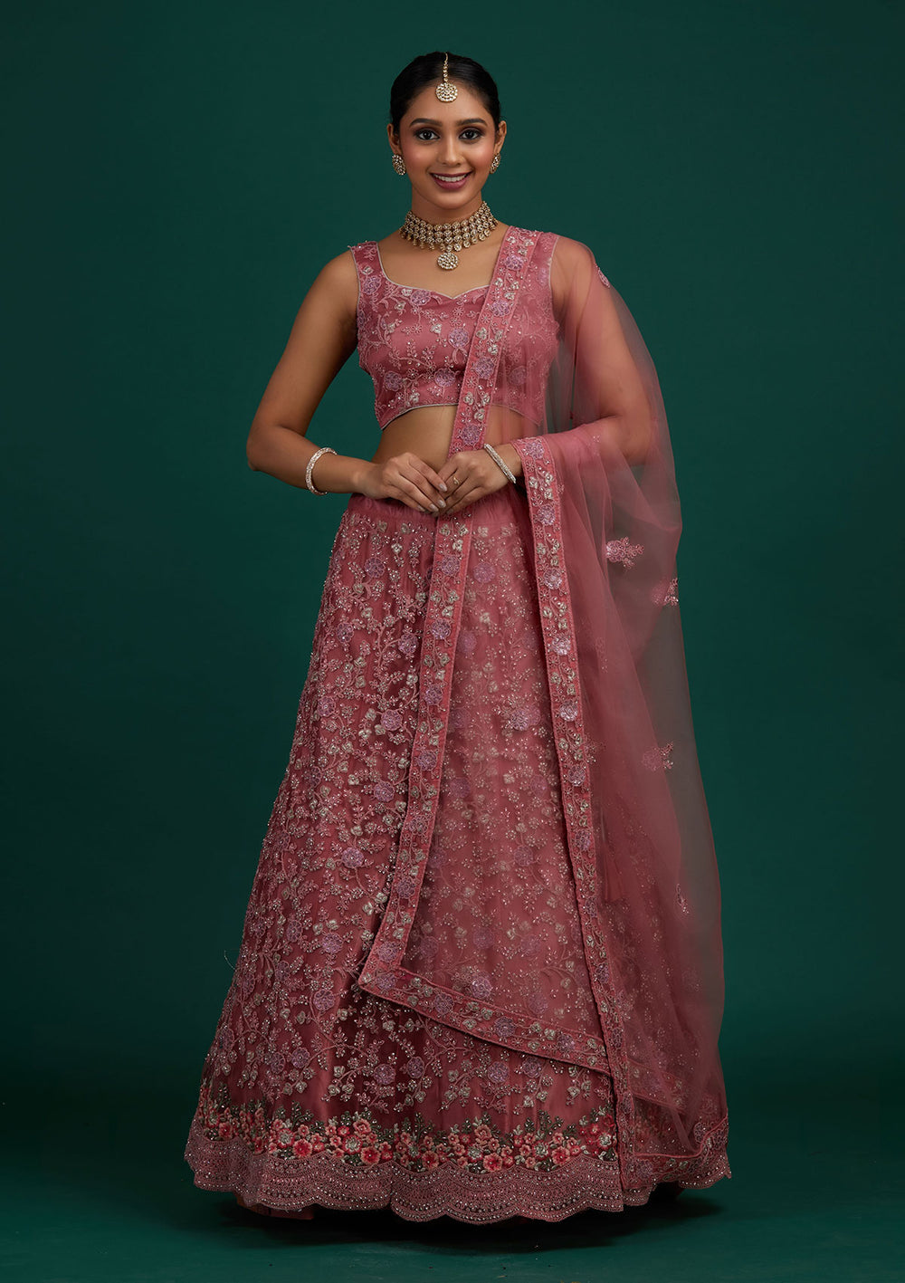 Onion Pink Silver Stonework Net Designer Semi-Stitched Lehenga - Koskii