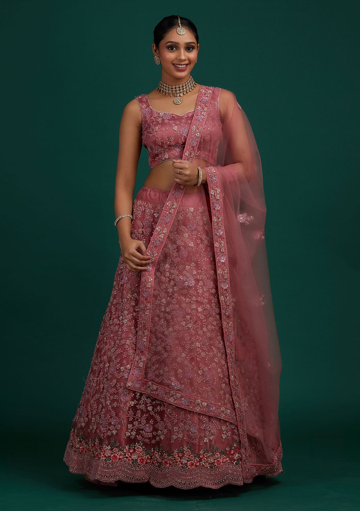Onion Pink Silver Stonework Net Designer Semi-Stitched Lehenga - Koskii