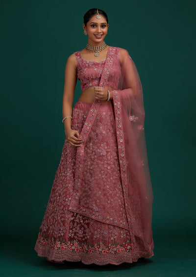 Onion Pink Silver Stonework Net Designer Semi-Stitched Lehenga - Koskii