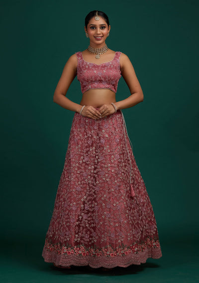 Onion Pink Silver Stonework Net Designer Semi-Stitched Lehenga - Koskii