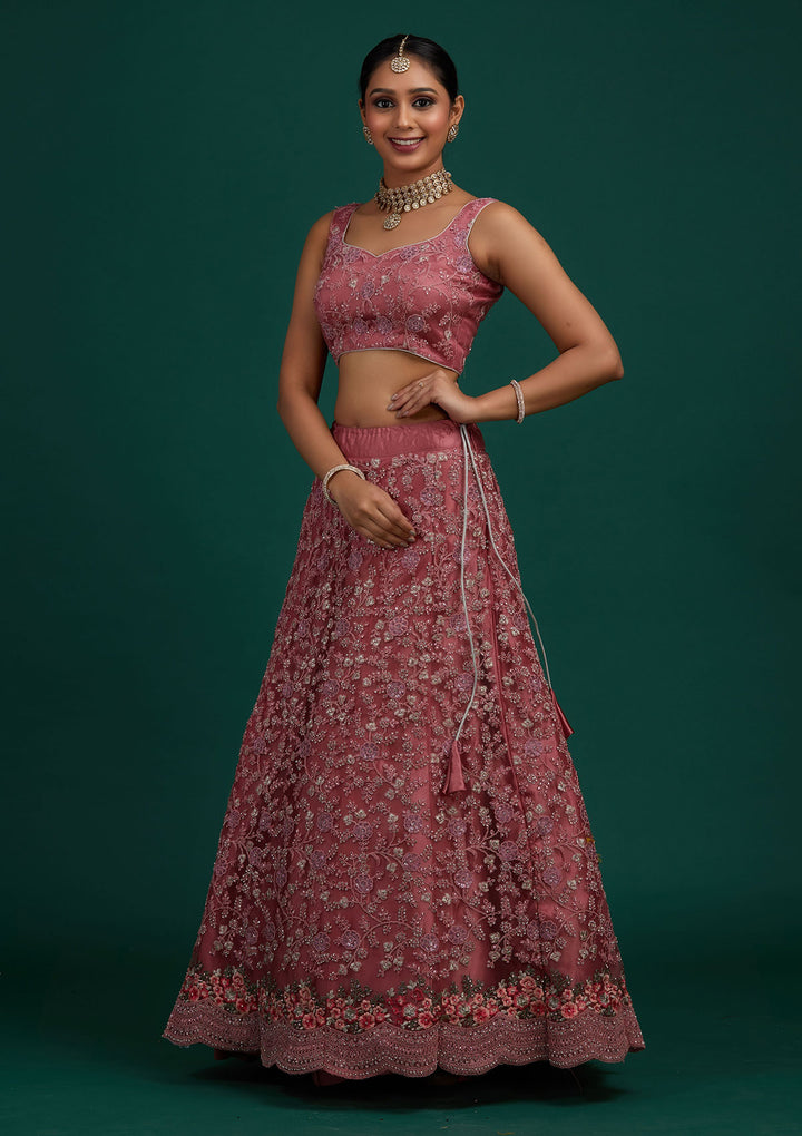 Onion Pink Silver Stonework Net Designer Semi-Stitched Lehenga - Koskii
