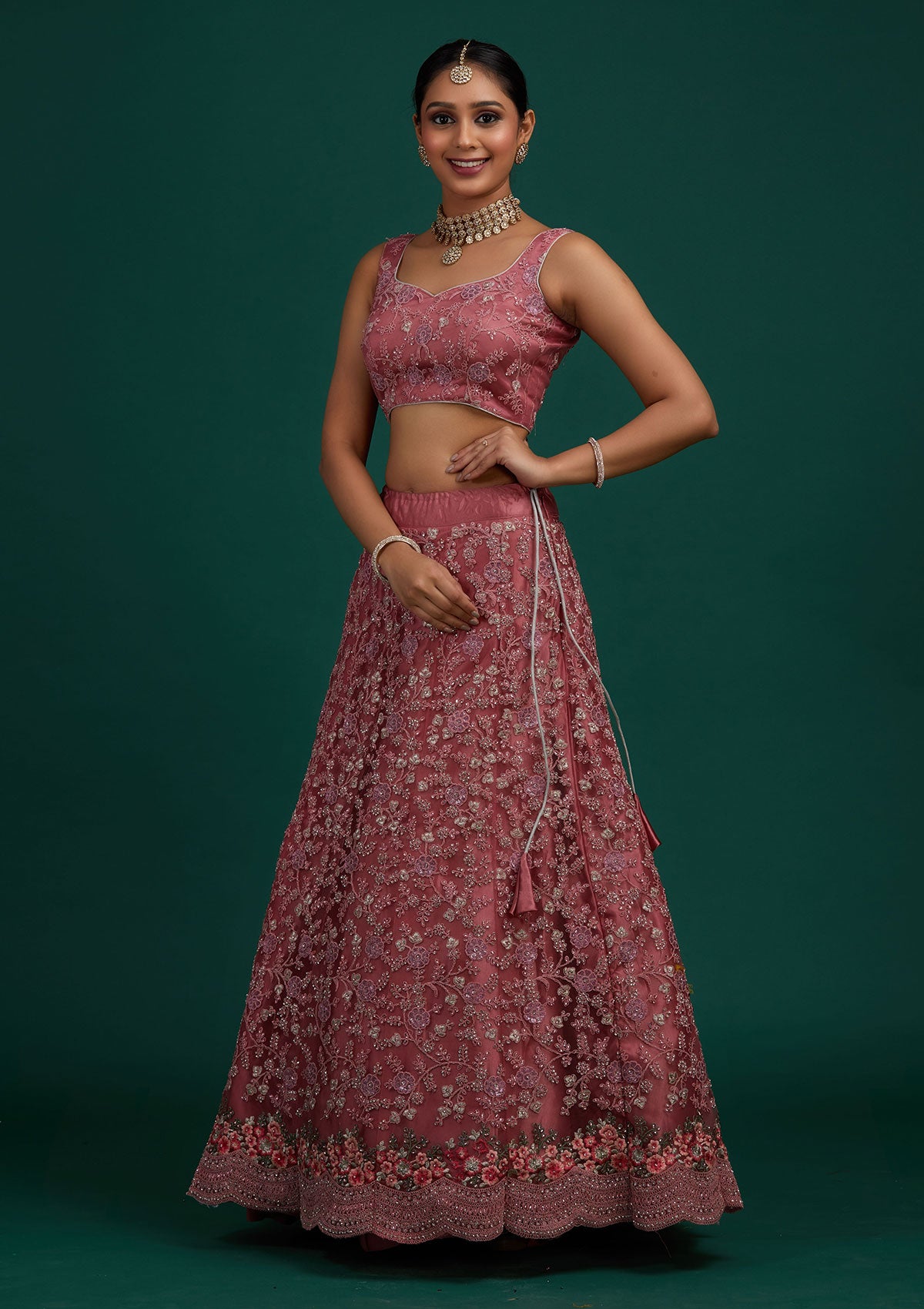 Onion Pink Silver Stonework Net Designer Semi-Stitched Lehenga - Koskii