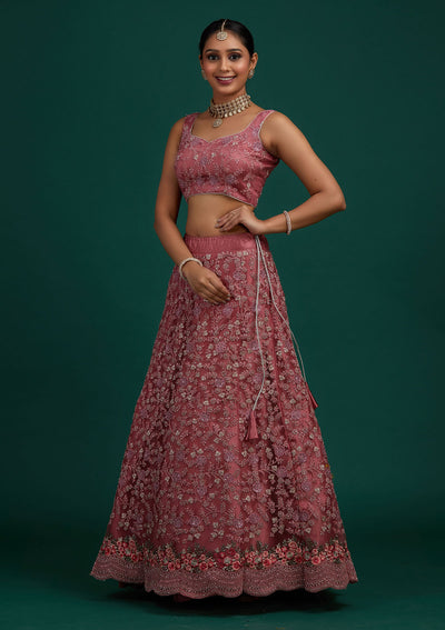 Onion Pink Silver Stonework Net Designer Semi-Stitched Lehenga - Koskii