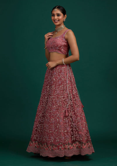 Onion Pink Silver Stonework Net Designer Semi-Stitched Lehenga - Koskii
