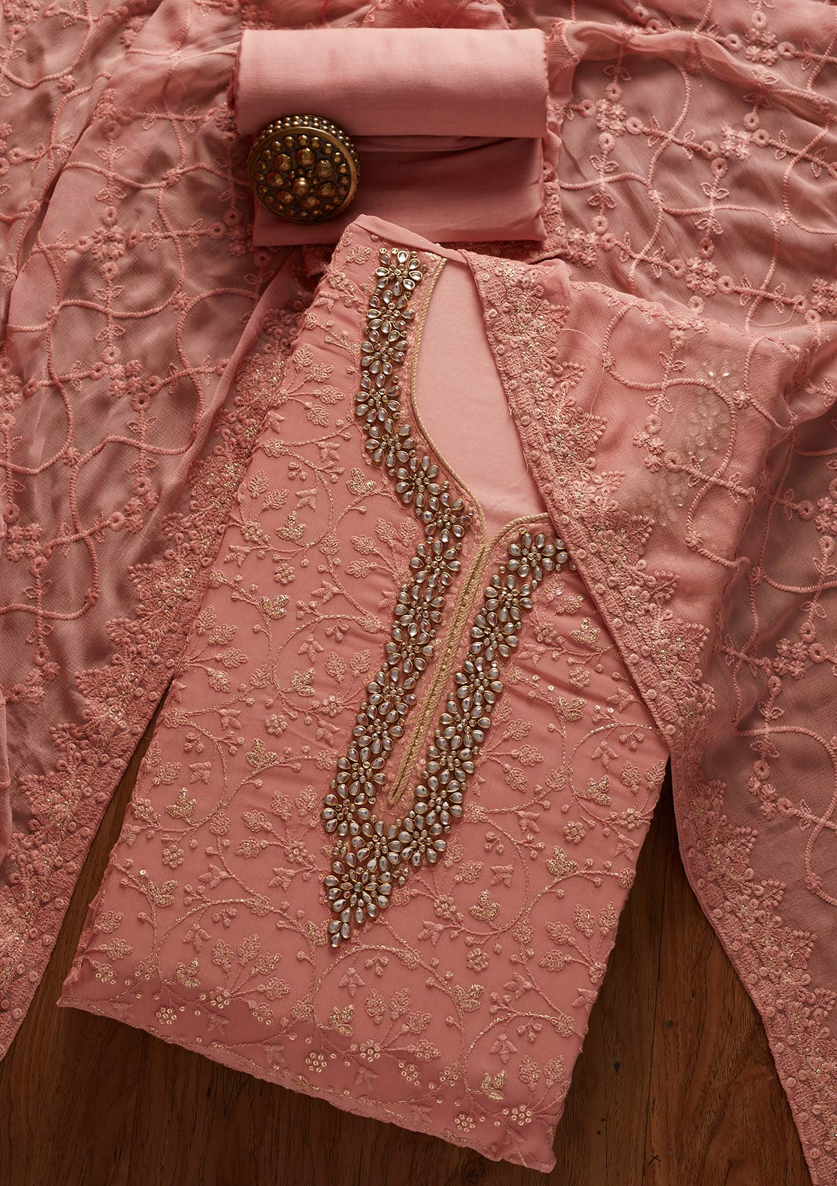 Onion Pink Stonework Georgette Designer Unstitched Salwar Suit - koskii