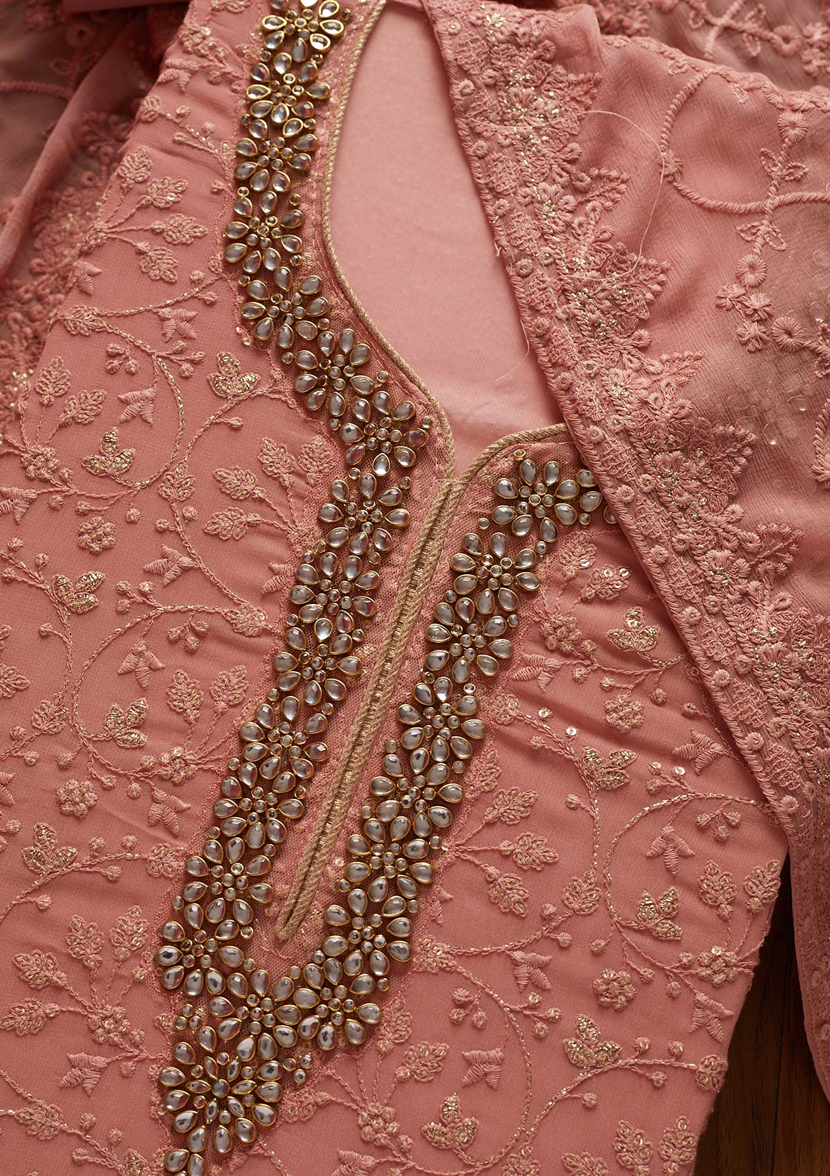 Onion Pink Stonework Georgette Designer Unstitched Salwar Suit - koskii