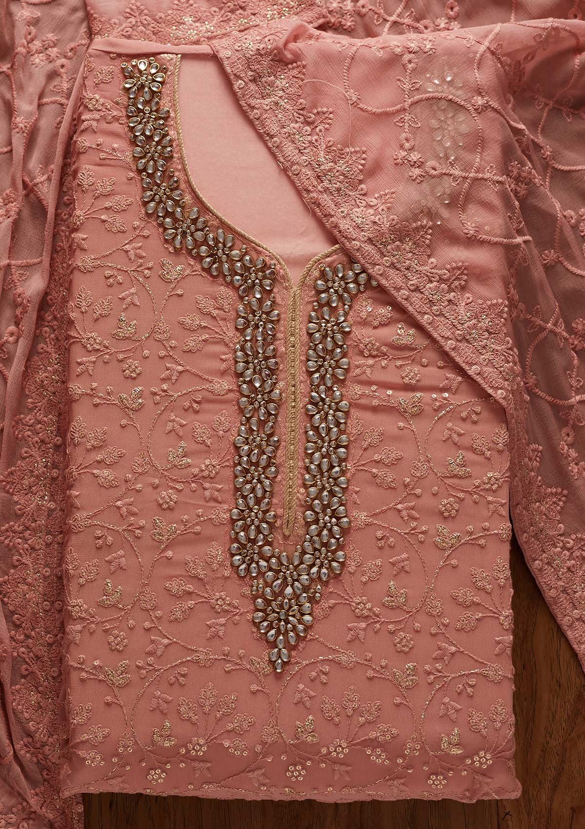 Onion Pink Stonework Georgette Designer Unstitched Salwar Suit - koskii